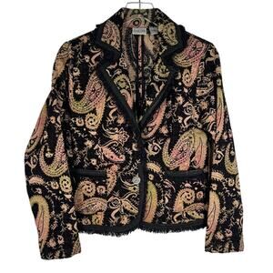 Chico's Women's Paisley Tassel Trim Blazer Jacket 1 / M Long Sleeve Cotton Blend